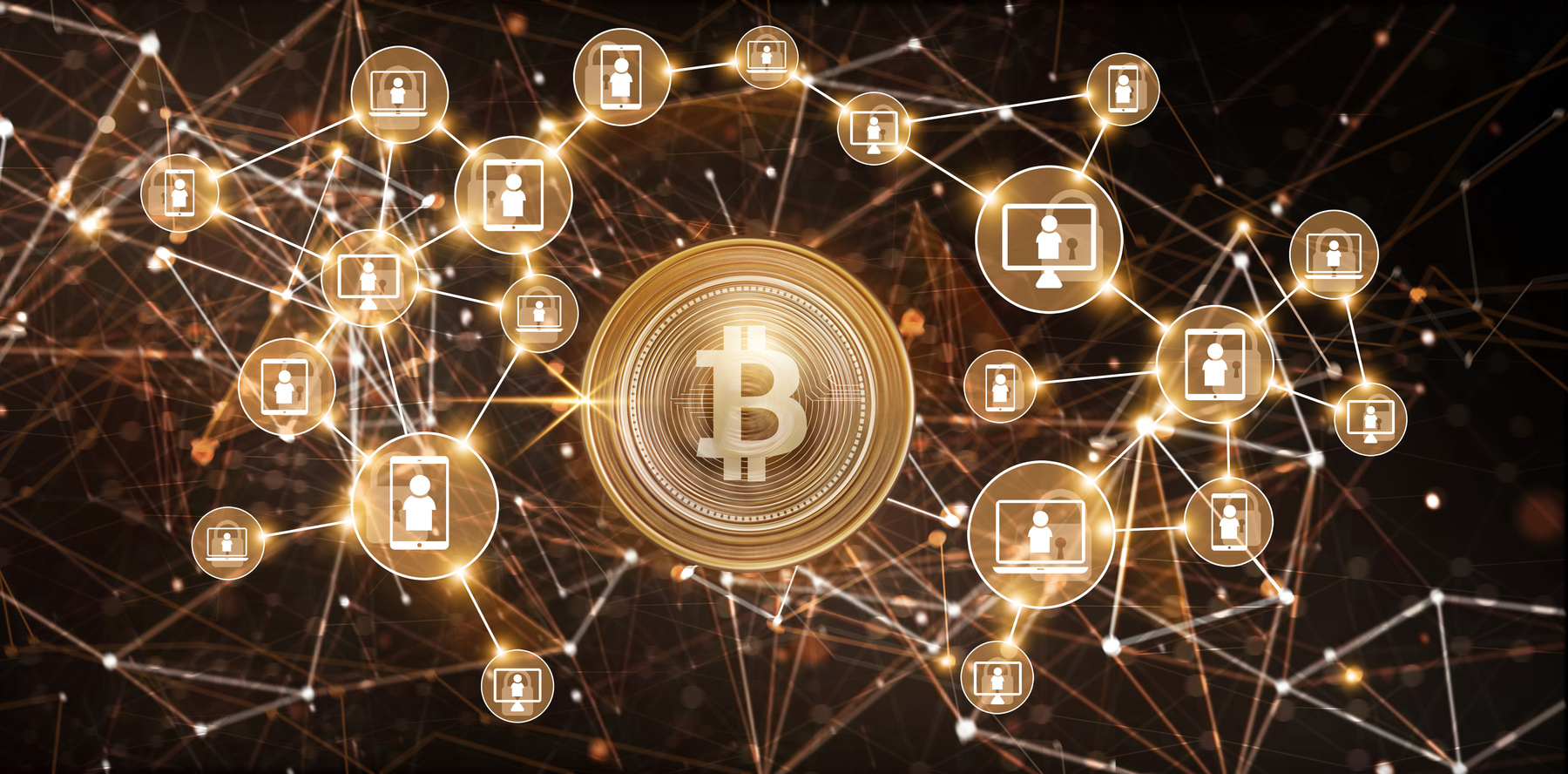 Blockchain technology and bitcoin cryptocurrency network concept. Golden Bitcoin  currency and icon blockchain networking connection on digital background